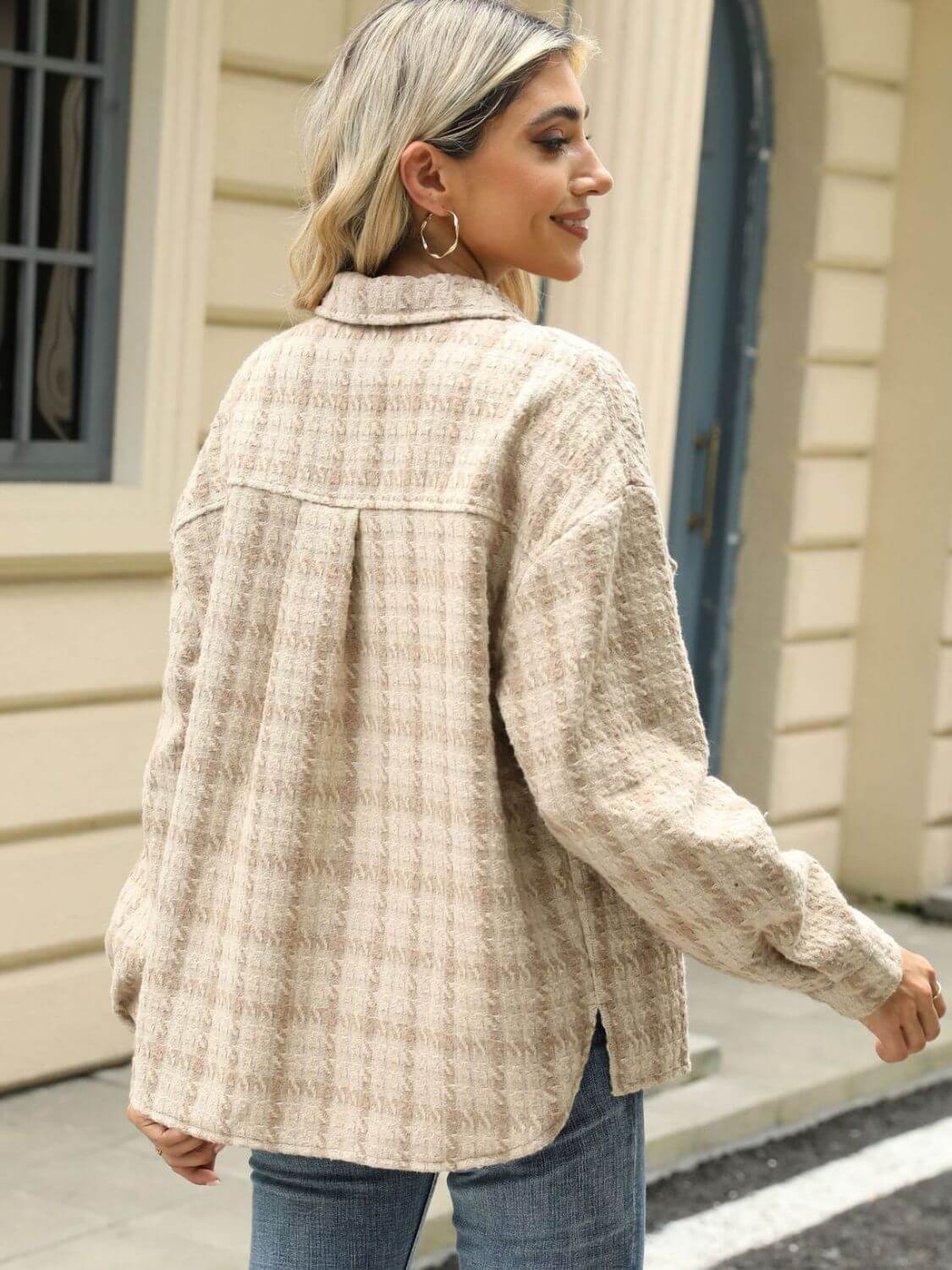 Woman wearing Bella Road Plaid Collared Neck Long Sleeve Jacket, showcasing back details of beige plaid pattern and relaxed fit.