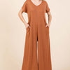 Ribbed Short Sleeve Wide Leg Jumpsuit - Camel