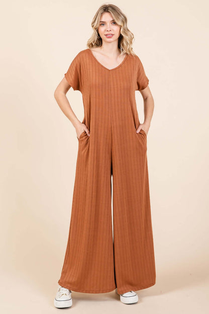 BOMBOM Ribbed Short Sleeve Wide Leg Jumpsuit at Bella Road