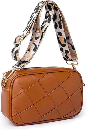 Stylish Zenana Cassette Woven Crossbody Bag in tan with trendy leopard print strap, perfect for hands-free convenience.