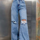 Bella Road distressed wide leg jeans with pockets, trendy street style, slightly stretchy denim, comfortable and fashionable design.