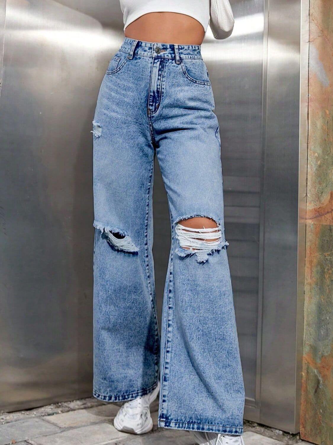 Bella Road distressed wide leg jeans with pockets, trendy street style, slightly stretchy denim, comfortable and fashionable design.