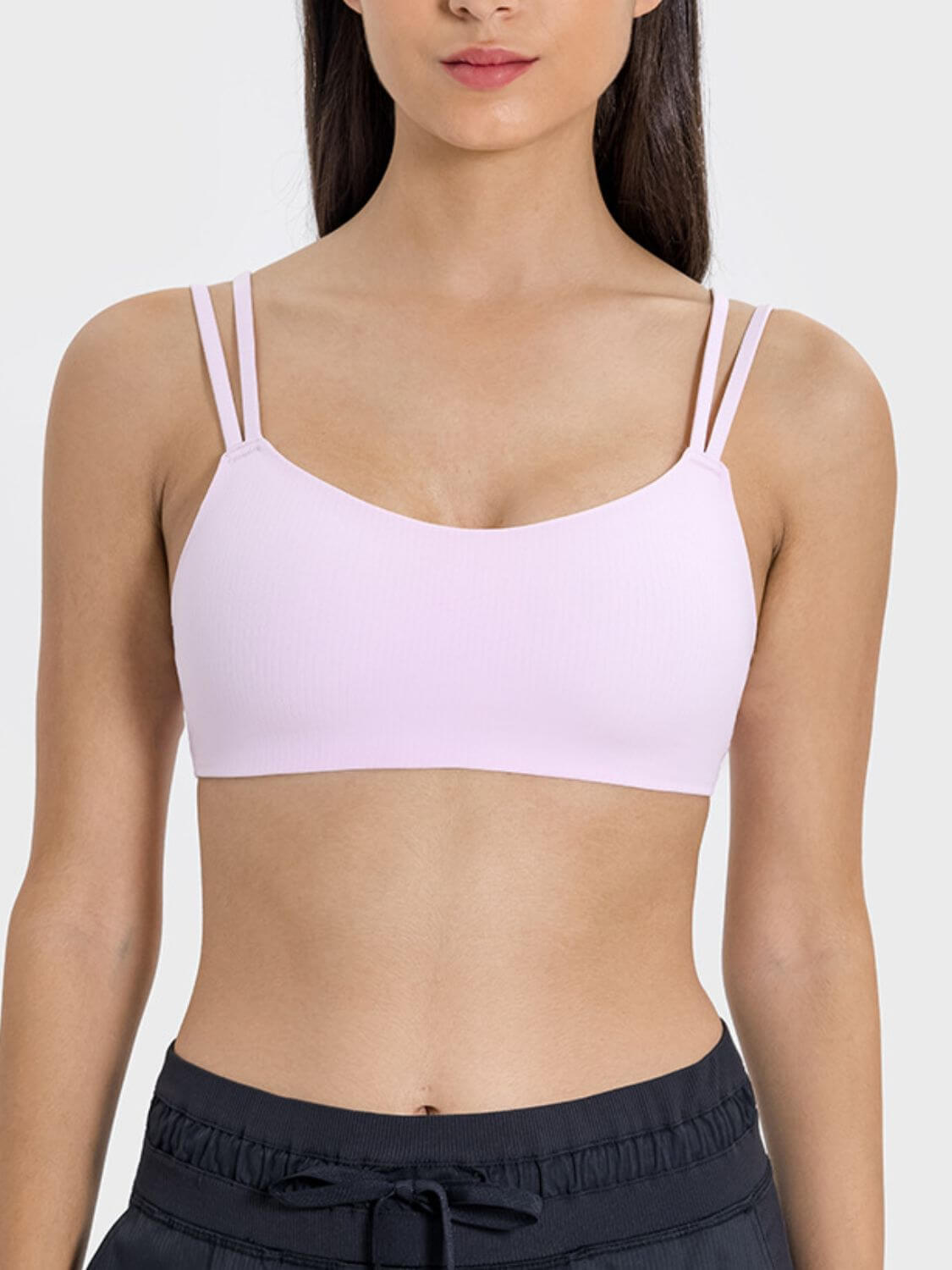 Millennia Scoop Neck Double Strap Active Cami in soft pink, perfect for workouts or casual wear, featuring a modern design.