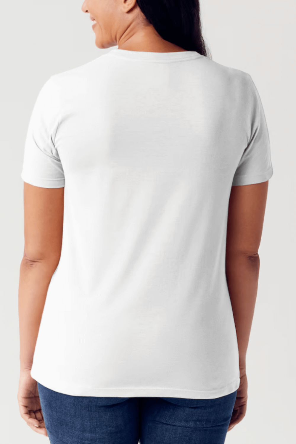 Back view of a woman wearing a Simply Love Full Size Graphic Round Neck Short Sleeve Tubular T-Shirt in white.