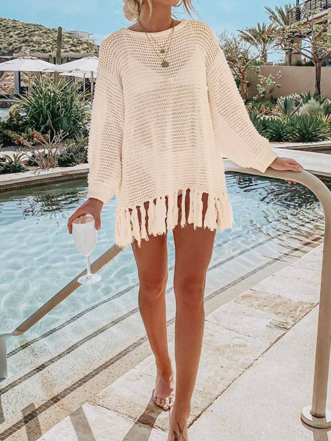 DOUBLE TAKE Openwork Tassel Hem Long Sleeve Knit Cover Up at Bella Road