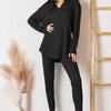 Notched Long Sleeve Top and Pants Set - Black