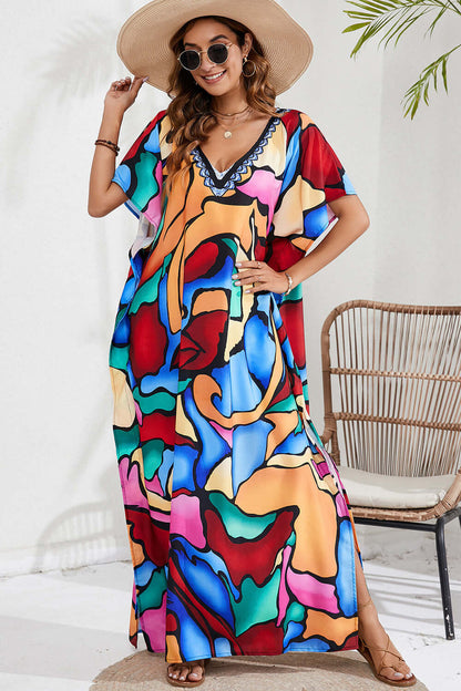 BELLA ROAD Slit Printed V-Neck Short Sleeve Cover Up at Bella Road