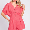 Half Button V-Neck Linen Romper - Pink