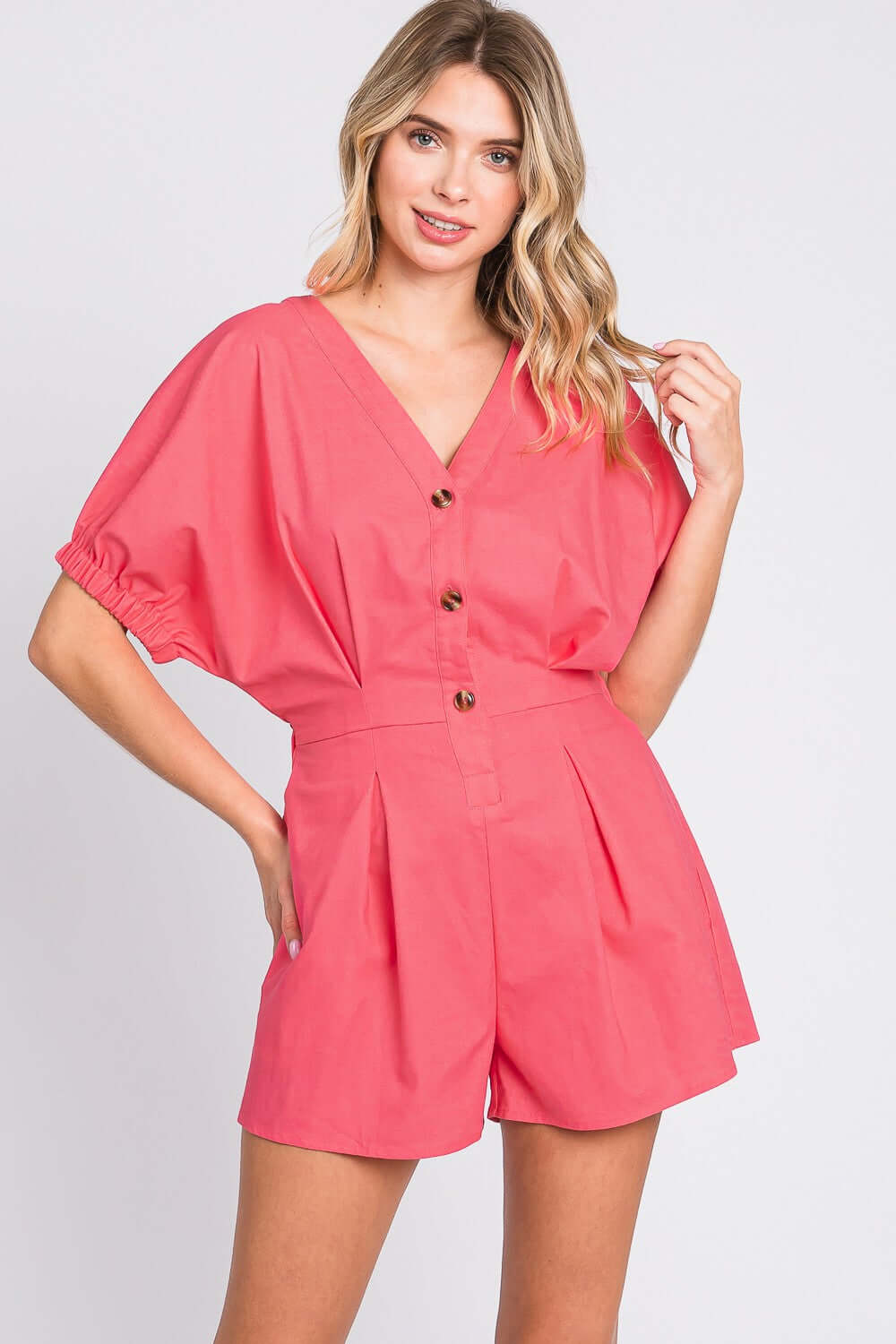 GEEGEE Half Button V-Neck Linen Romper at Bella Road