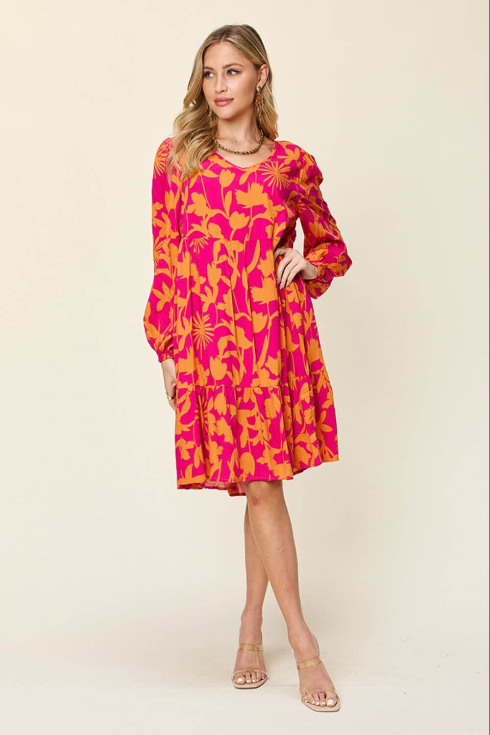 DOUBLE TAKE Full Size Printed Ruffle Hem Long Sleeve Dress at Bella Road