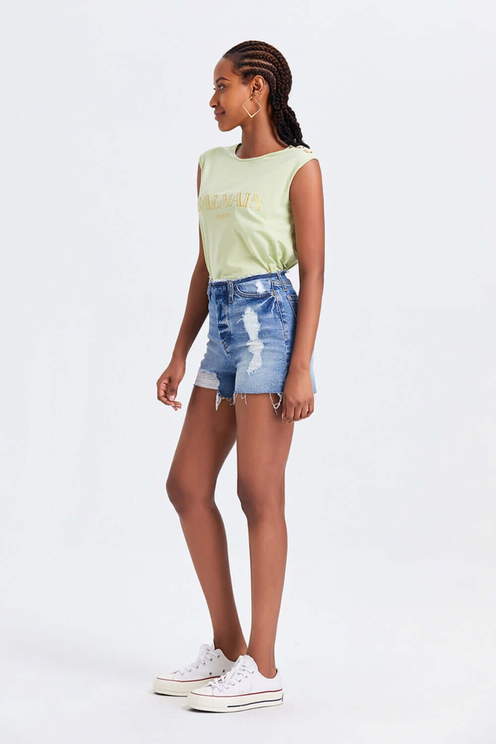 BAYEAS High Rise Bandless Denim Shorts at Bella Road