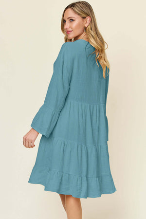 DOUBLE TAKE Full Size Texture Button Up Ruffle Hem Dress at Bella Road