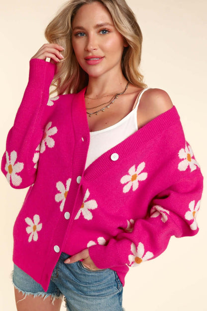 Full Size Daisy Floral Button Down Long Sleeve Cardigan