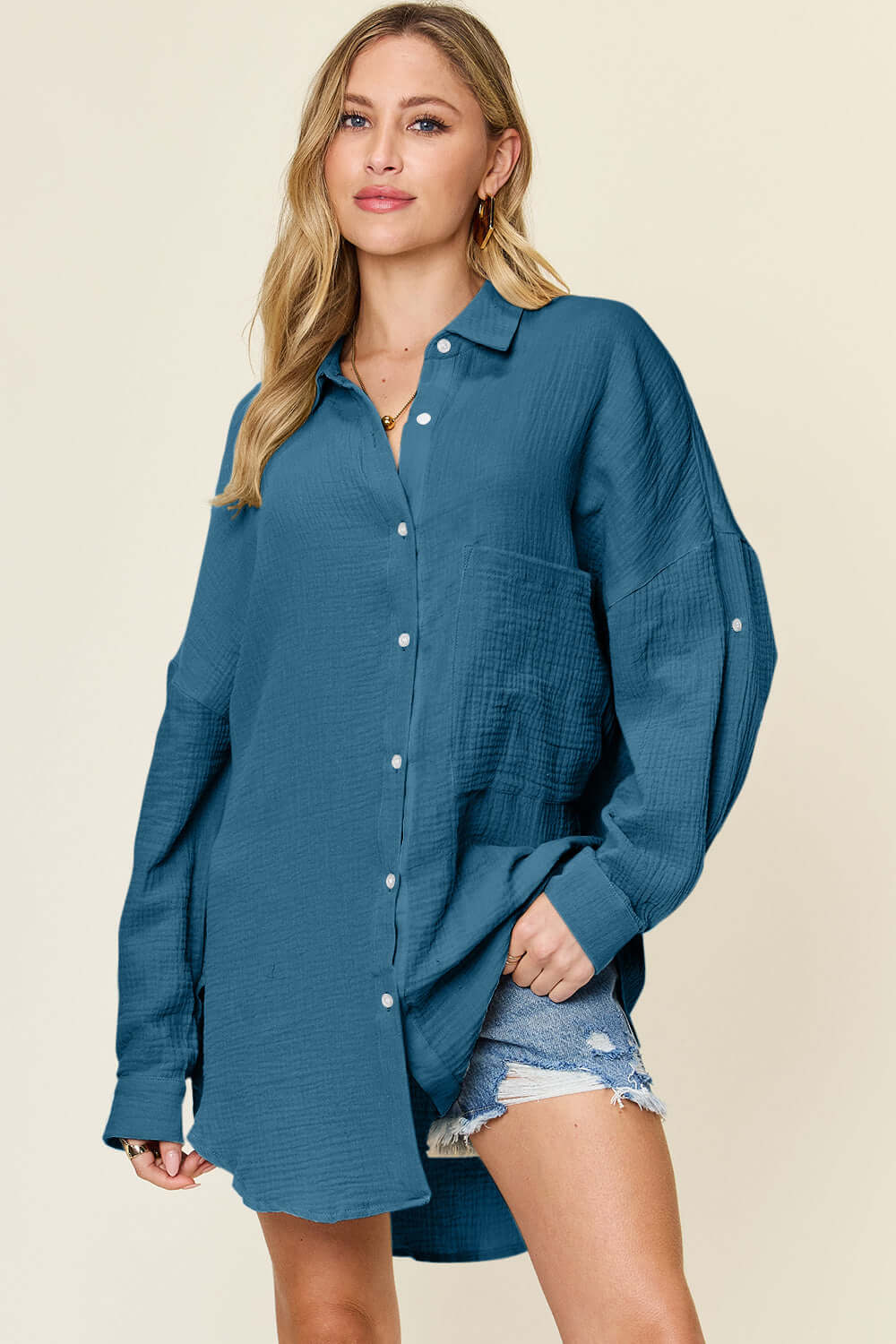 DOUBLE TAKE Full Size Pocketed Texture Button Up Shirt at Bella Road