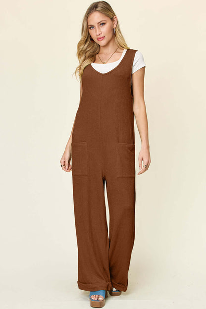 DOUBLE TAKE Full Size Texture Sleeveless Wide Leg Jumpsuit at Bella Road