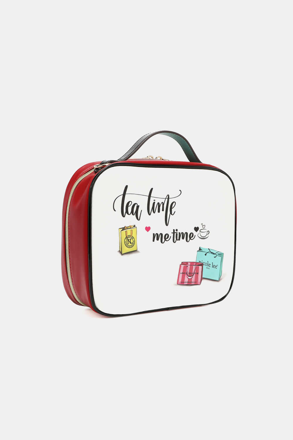 Nicole Lee USA printed handbag with "Tea Time, Me Time" slogan and colorful tea bag graphics, made from pebbled and glossy patent leather.