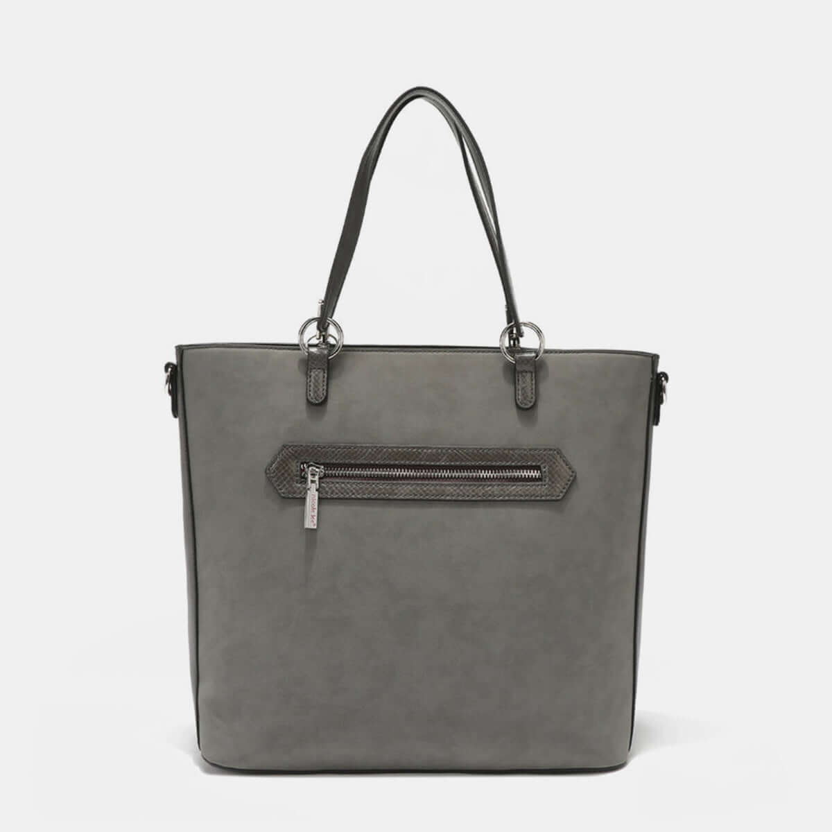 Nicole Lee USA Metallic Stitching Embroidery Inlaid Rhinestone Tote Bag with Vegan Leather and Sleek Hardware in Gray.