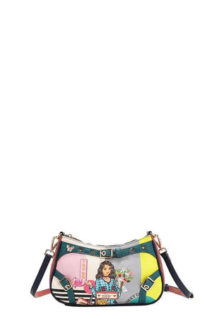 Nicole Lee USA crescent-shaped crossbody bag with colorful graphic design and adjustable strap.