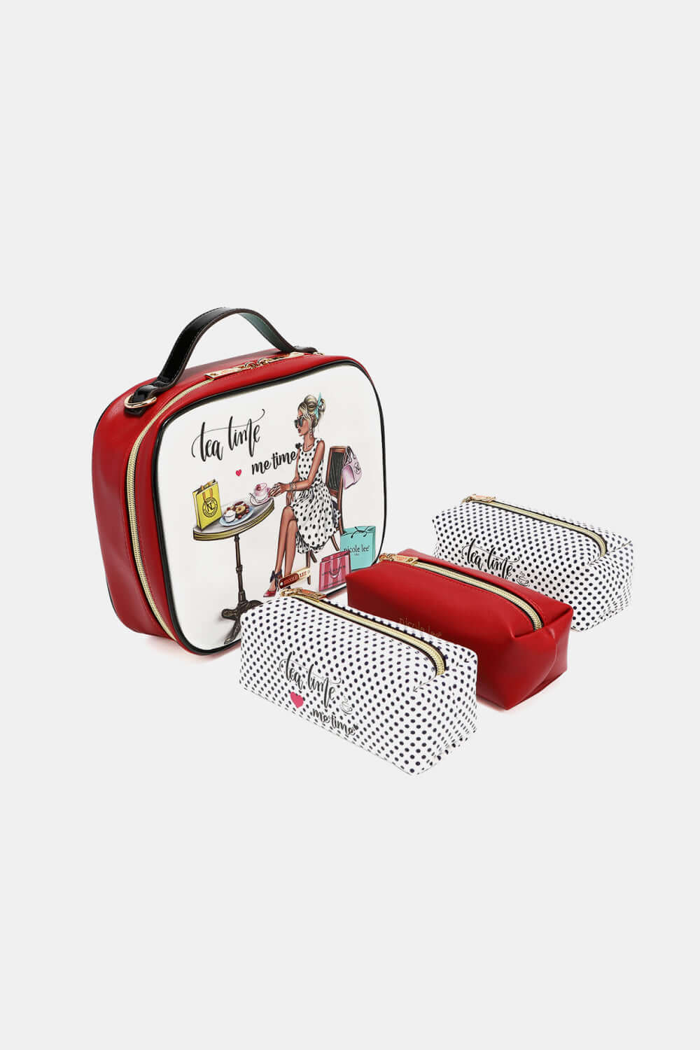 Nicole Lee USA printed handbag with three pouches made of pebbled and glossy patent leather, medium-sized, stylish and functional accessory.