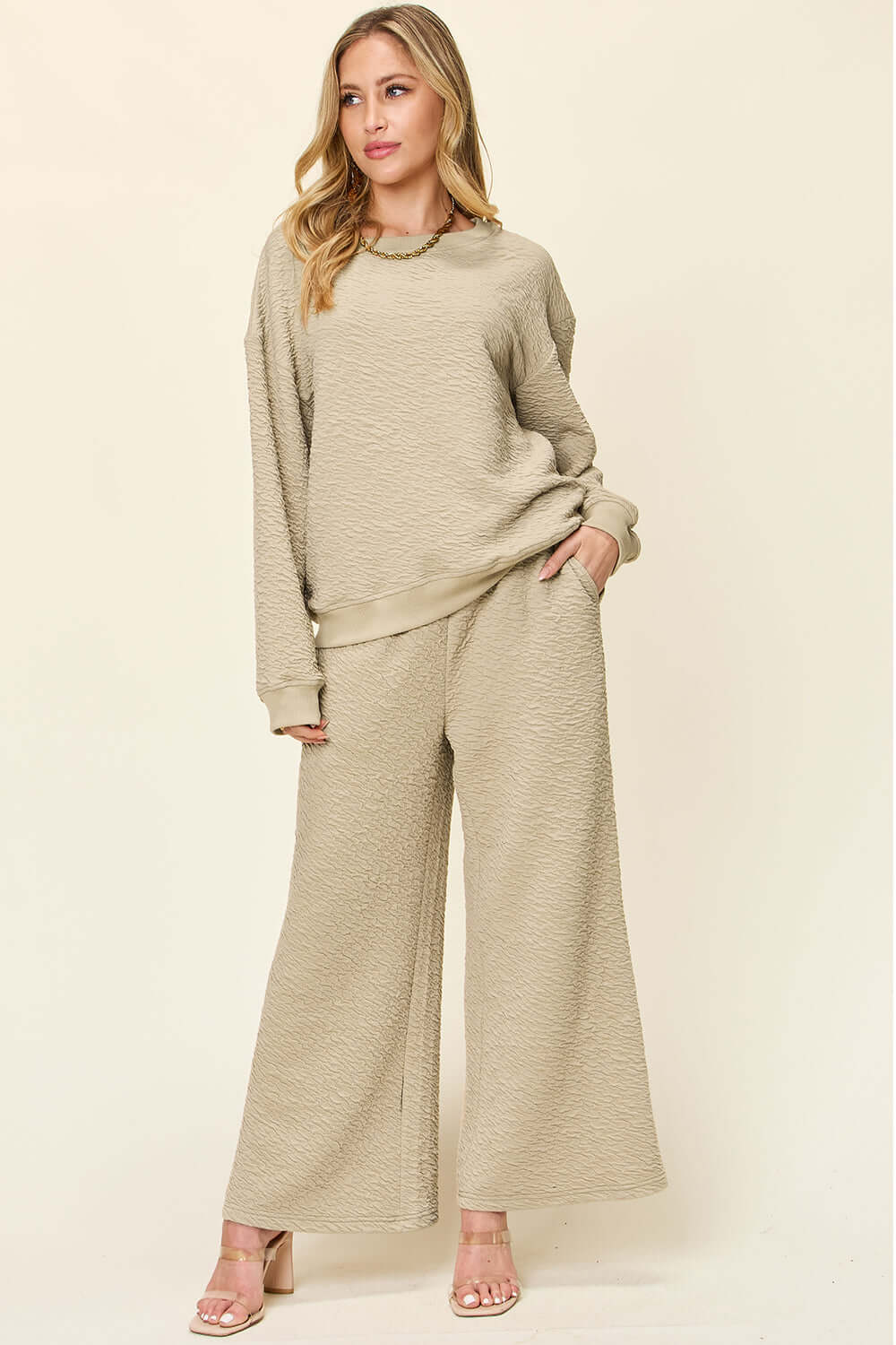 DOUBLE TAKE Full Size Texture Long Sleeve Top and Pants Set at Bella Road