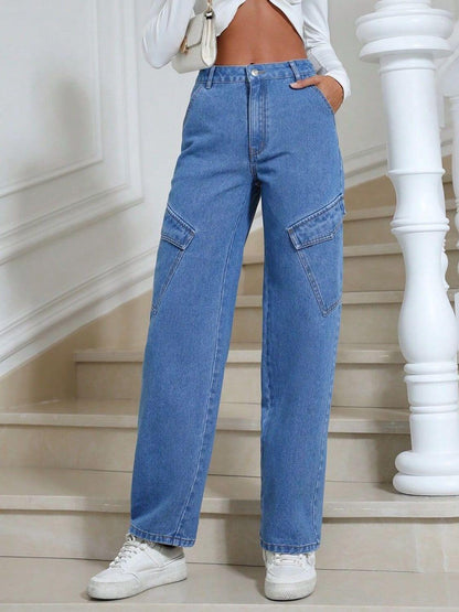 Woman wearing Bella Road High Waist Straight Leg Jeans with Pockets standing on stairs