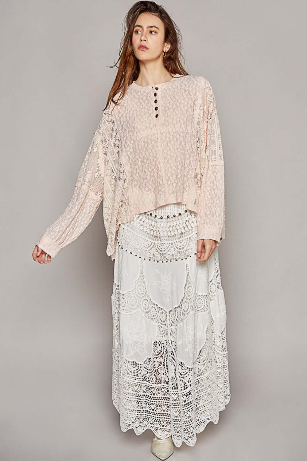 POL Round Neck Long Sleeve Raw Edge Lace Top at Bella Road