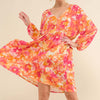 Full Size Printed Tie Back Long Sleeve Dress - Orange Multi