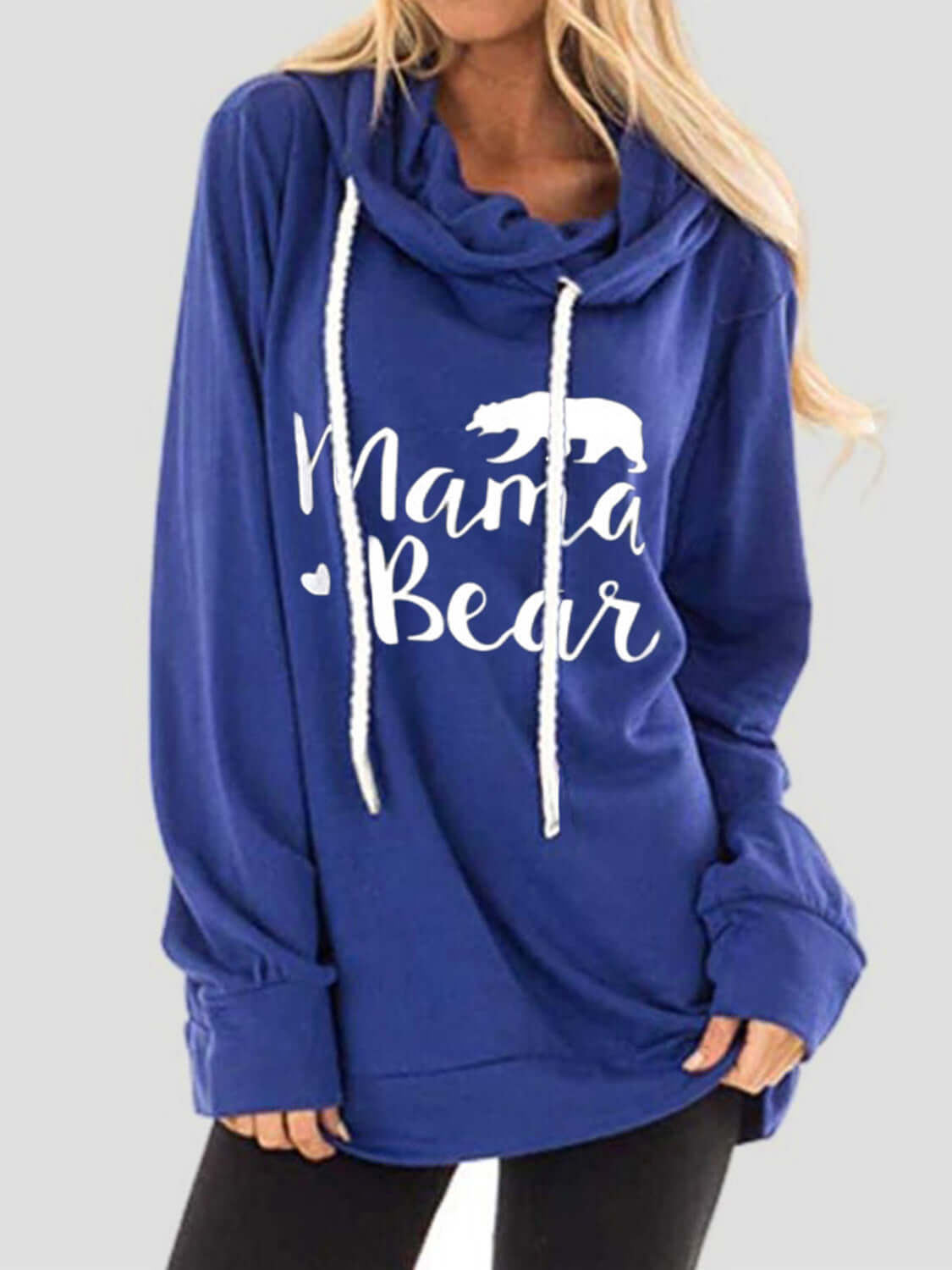 Woman wearing Bella Road Drawstring Letter Graphic Long Sleeve Hoodie with "Mama Bear" print, in blue.