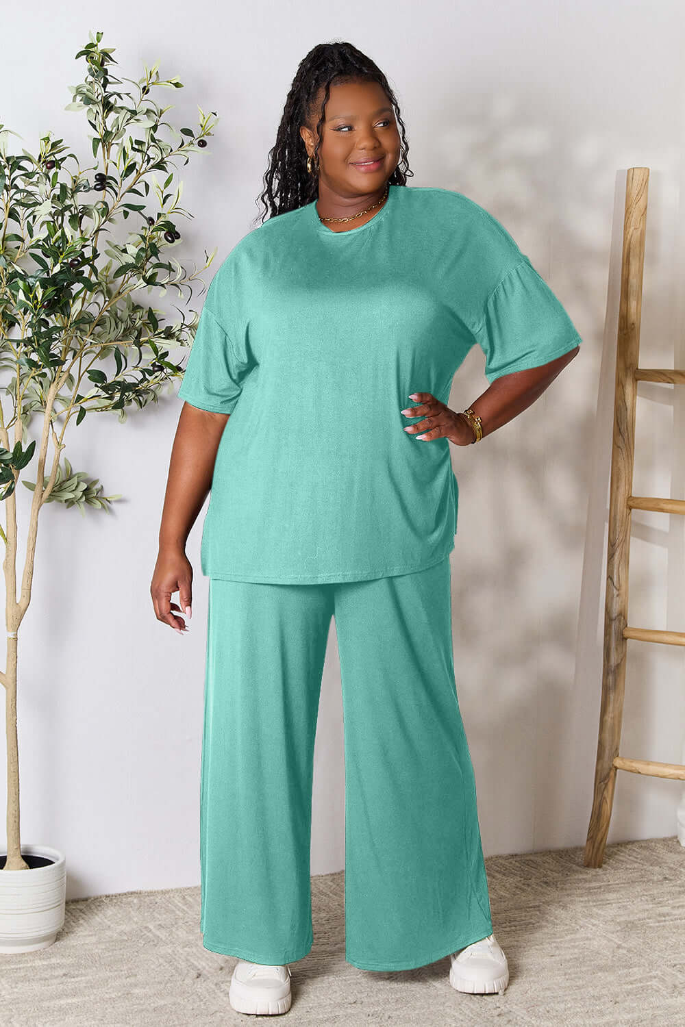 DOUBLE TAKE Full Size Round Neck Slit Top and Pants Set at Bella Road