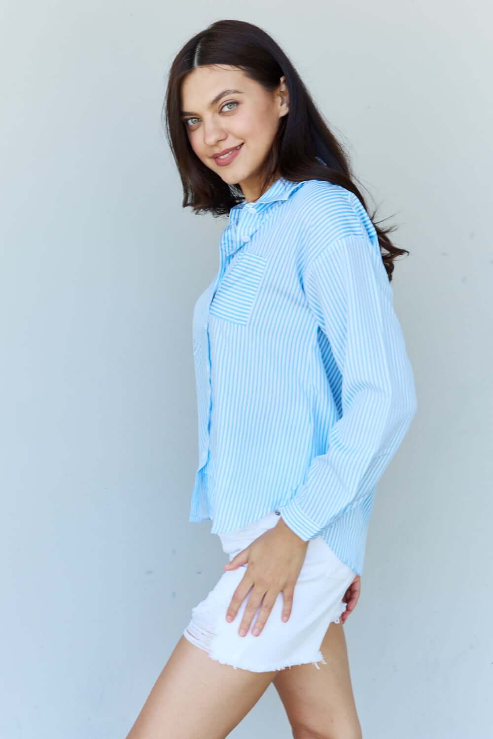 DOUBLJU She Means Business Striped Button Down Shirt Top at Bella Road