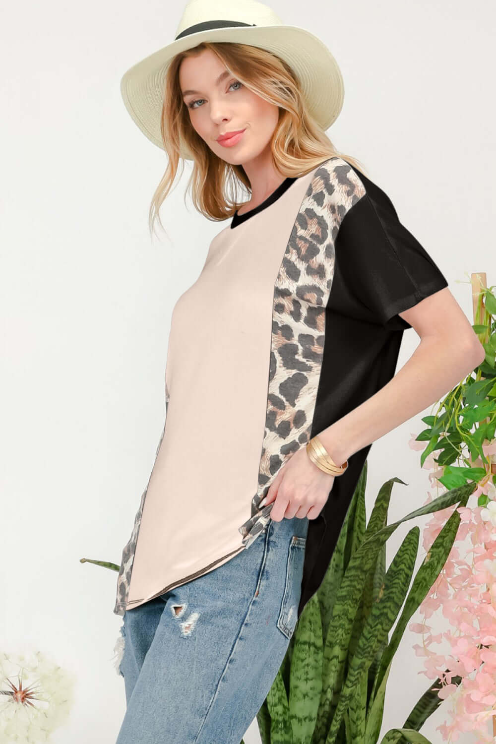 CELESTE Full Size Leopard Color Block T-Shirt at Bella Road