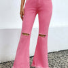 Bella Road Distressed Raw Hem Bootcut Jeans - Pink