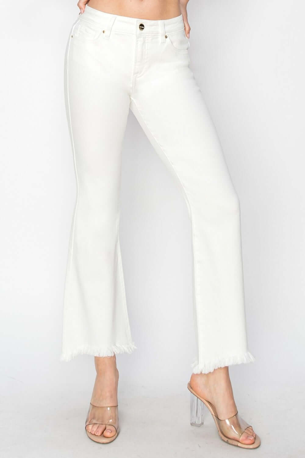 RISEN Tummy Control Crop Flare Pants with Raw Step Hem in White