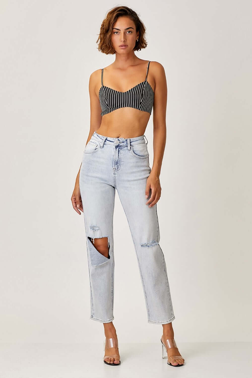 High Rise Distressed Relaxed Jeans | Petite featuring trendy Risen Jeans with flattering high-rise waist and edgy distressed details.