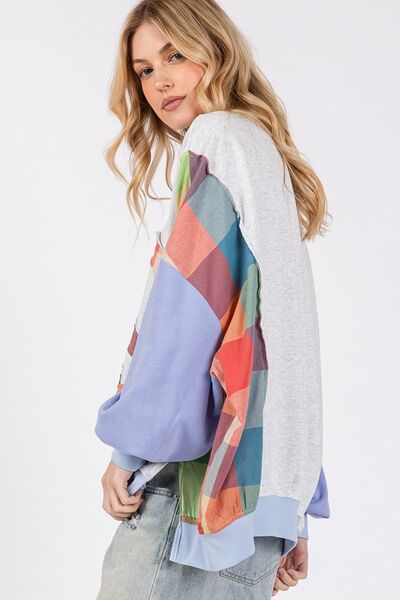 SAGE + FIG Contrast Peace Patch Dropped Shoulder Sweatshirt with colorful patchwork sleeves, perfect for casual style.