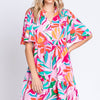 Printed Short Sleeve Ruffle Hem Dress - PINK/GREEN