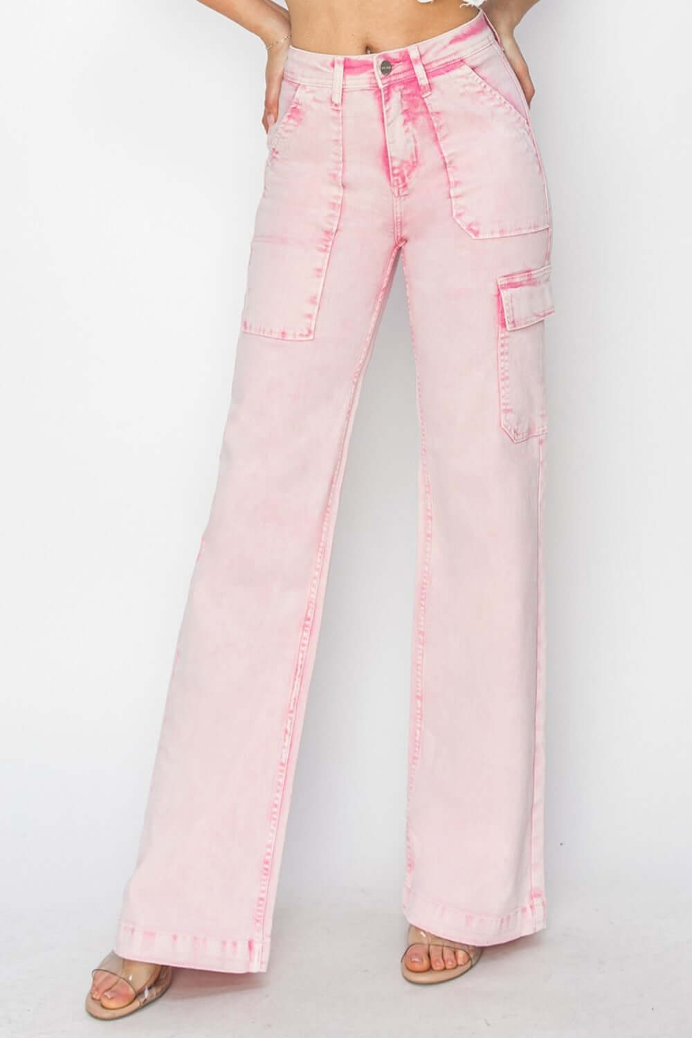 Pink high-rise wide leg cargo pocket jeans for women, featuring a stylish design with functional pockets and a flattering fit.