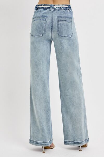 Back view of RISEN full size straight leg jeans with pockets, showcasing a classic and versatile design.