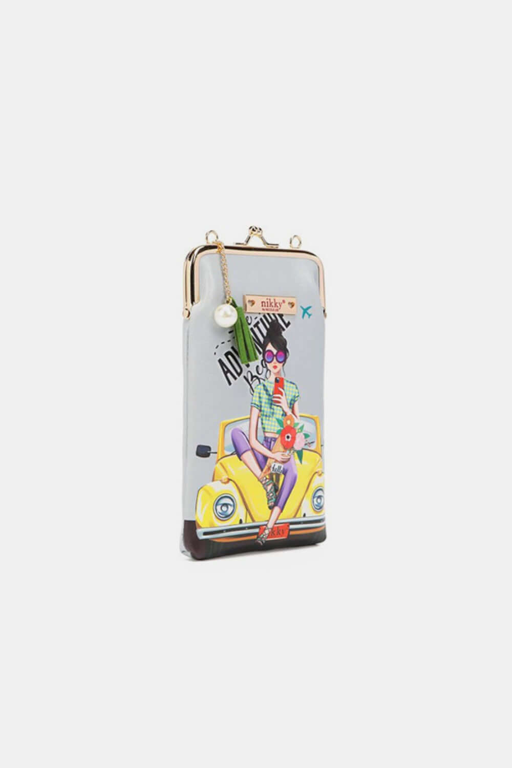 Nicole Lee USA printed kisslock phone and sunglass purse with colorful car illustration and elegant design.