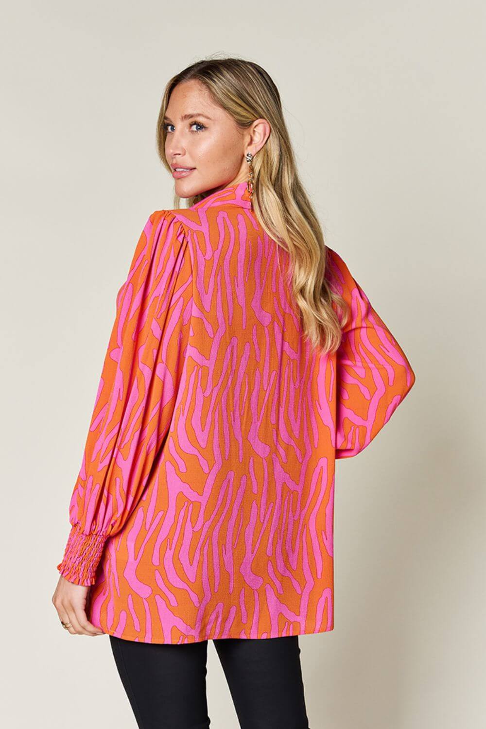 DOUBLE TAKE Full Size Printed Smocked Long Sleeve Blouse at Bella Road