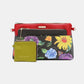 Nicole Lee USA printed handbag with colorful floral design and three pouches made from pebbled and glossy patent leather.