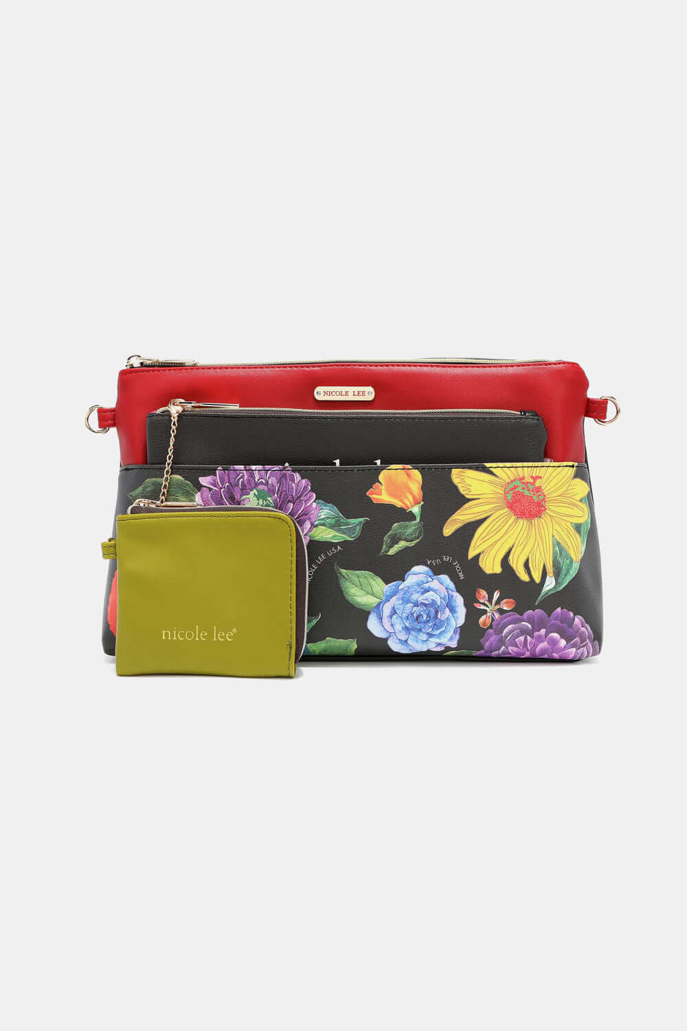 Nicole Lee USA printed handbag with colorful floral design and three pouches made from pebbled and glossy patent leather.