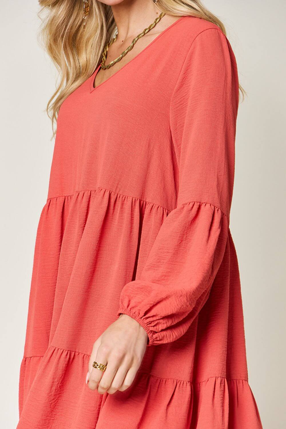 DOUBLE TAKE Full Size V-Neck Balloon Sleeve Tiered Dress at Bella Road