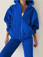 Cozy blue Bella Road zip-up hoodie and joggers set, perfect for fall errands or lounging in style.