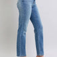 Side view of Judy Blue vintage wash thermal straight jeans, showcasing a classic silhouette and stylish fit.