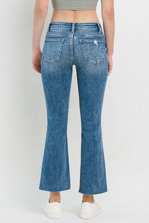 Mid Rise Distressed Cropped Flare Jeans back view showing mid-rise waist, distressed details, and cropped flare leg style