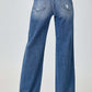 High Waist Wide Leg Risen Jeans in denim, back view showcasing the trendy wide-leg silhouette and stylish high-rise waist.