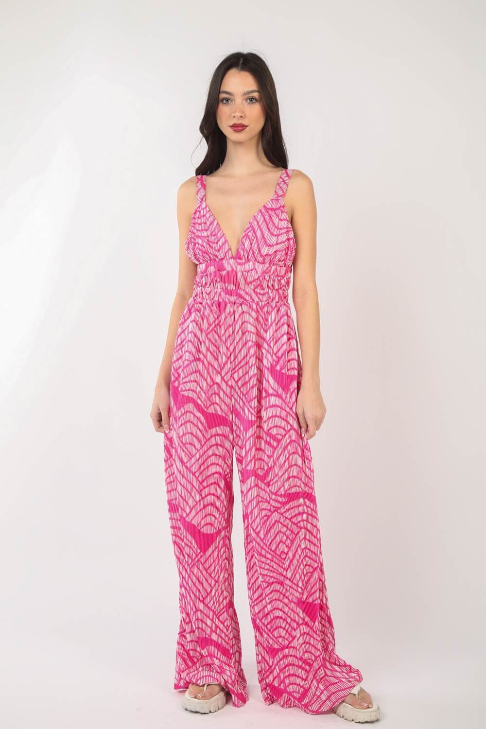 VERY J Printed Pleated Sleeveless Wide Leg Jumpsuit at Bella Road