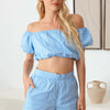 Off Shoulder Crop Top and High Waist Shorts Set - Light Blue