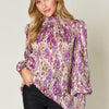 Printed Smocked Long Sleeve Blouse | Full Size - Fuchsia